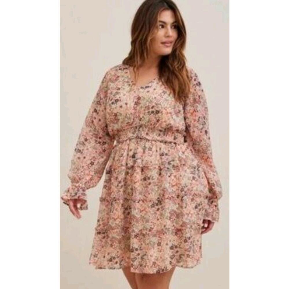 Torrid Mini Lurex Chiffon Tiered Dress tan fall floral boho cottagecore